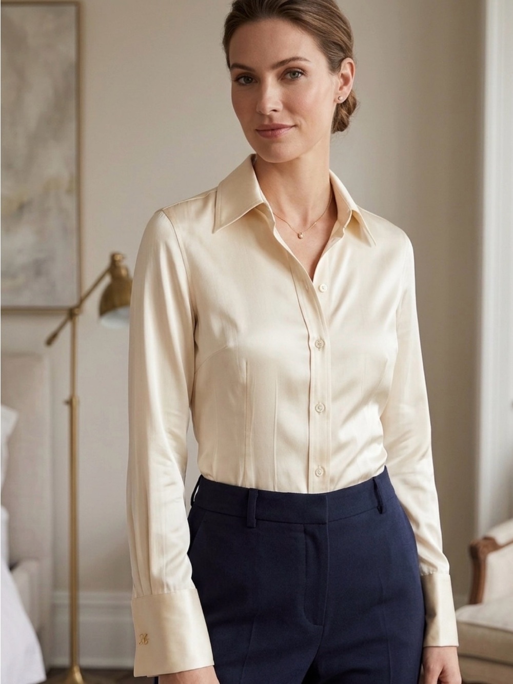 Moda International Cream silk bodysuit Button-Down Blouse